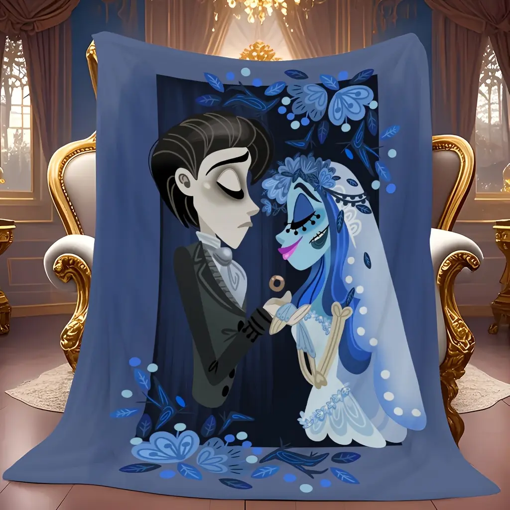 Corpse Bride Victor & Emily Wedding Scene Gothic Art Flannel Throw Blanket Blue Floral Print Soft Warm All‑Season Blanket Gift