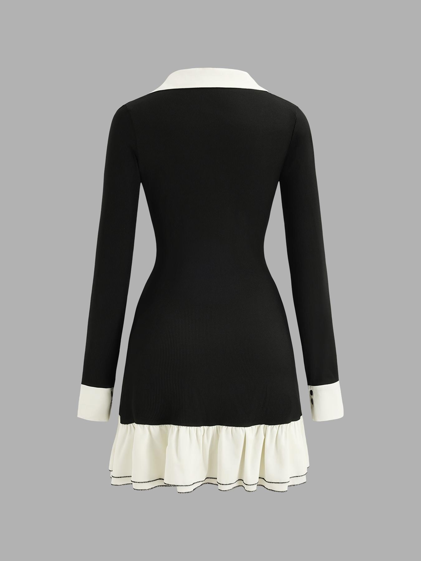 YOZY Women's Colorblock Ruffle Hem Button Front Dress, Casual Long Sleeve Collared Dress for Daily Wear, Ladies Clothes for Spring & Fall