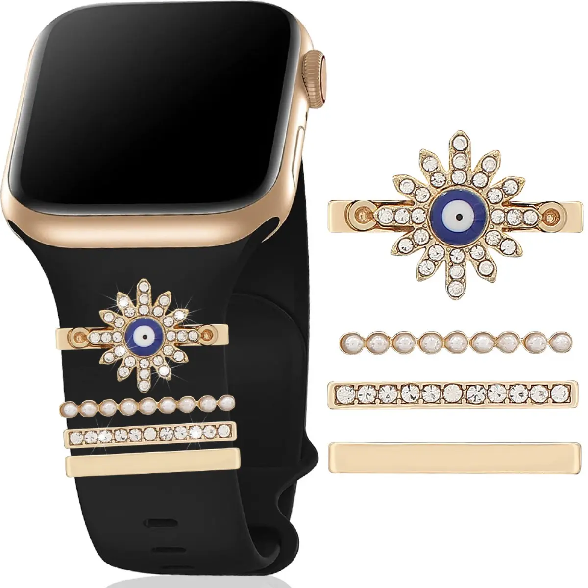 Evil Eye & Rhinestone Pearl Watch Band Charms, 4Pcs Decorative Studs for Apple Watch Strap, 22mm Metal Ornament Accessories, Bling Sunflower Crystal Decoration for Smartwatch Bands, Jewelry for Women