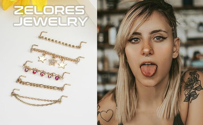 ZELORES  38 PCS 20G Nose Rings Studs with Chains African Nose Ring Cuff Horseshoe Septum Rings Stainless Steel Star Heart Nose Ring Chain Piercing Jewelry Set for Women Men