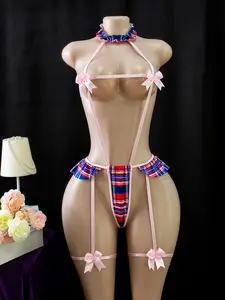 Plus Size Women's Sexy Lingerie, Plaid Milk Silk Sheer See-through Outfit with Bow, One-piece Style, Perfect for Private Party boyfriend gifts baddie pajama pants