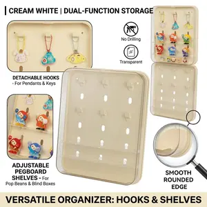 Wall Mounted Acrylic Display Case with Hooks and Pegboard, No Drill Clear Figure Storage Showcase Organizer Box with Adjustable Shelves for Plush Pendants, Pop Bean, Blind Boxes, Cream White