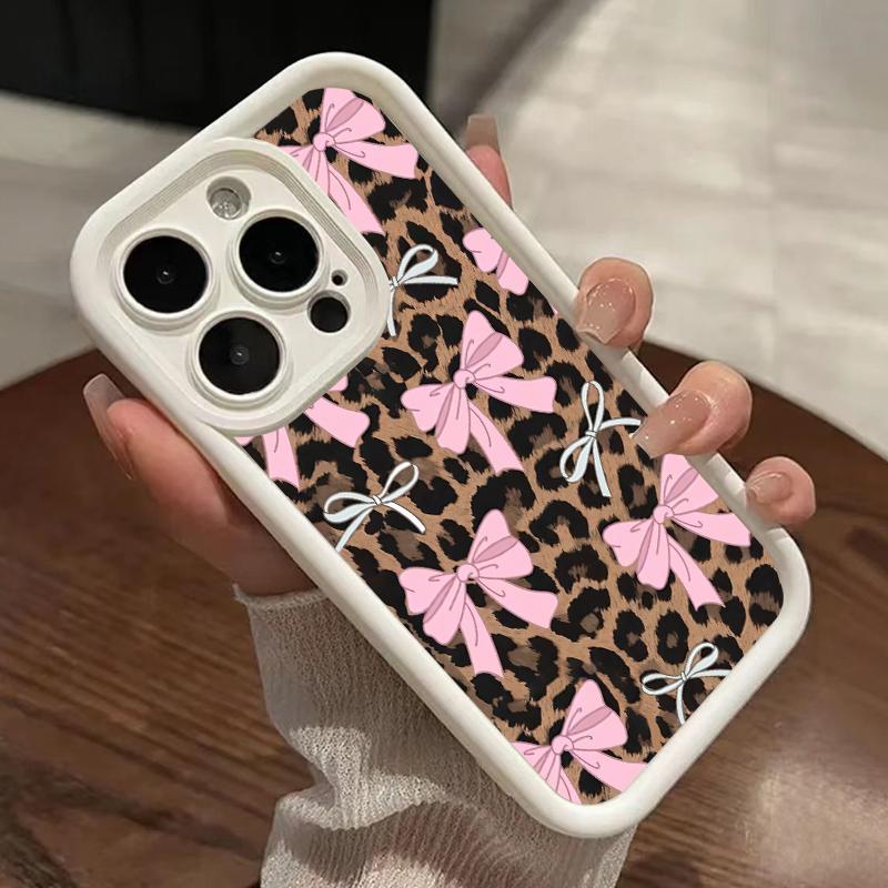 Case for iPhone 17 Pro Max 16 Plus 15 14 13 12 11 Air E Fashion Bowknot Leopard Pattern  Drop Protection Shockproof Soft Silicone smartphone Cover