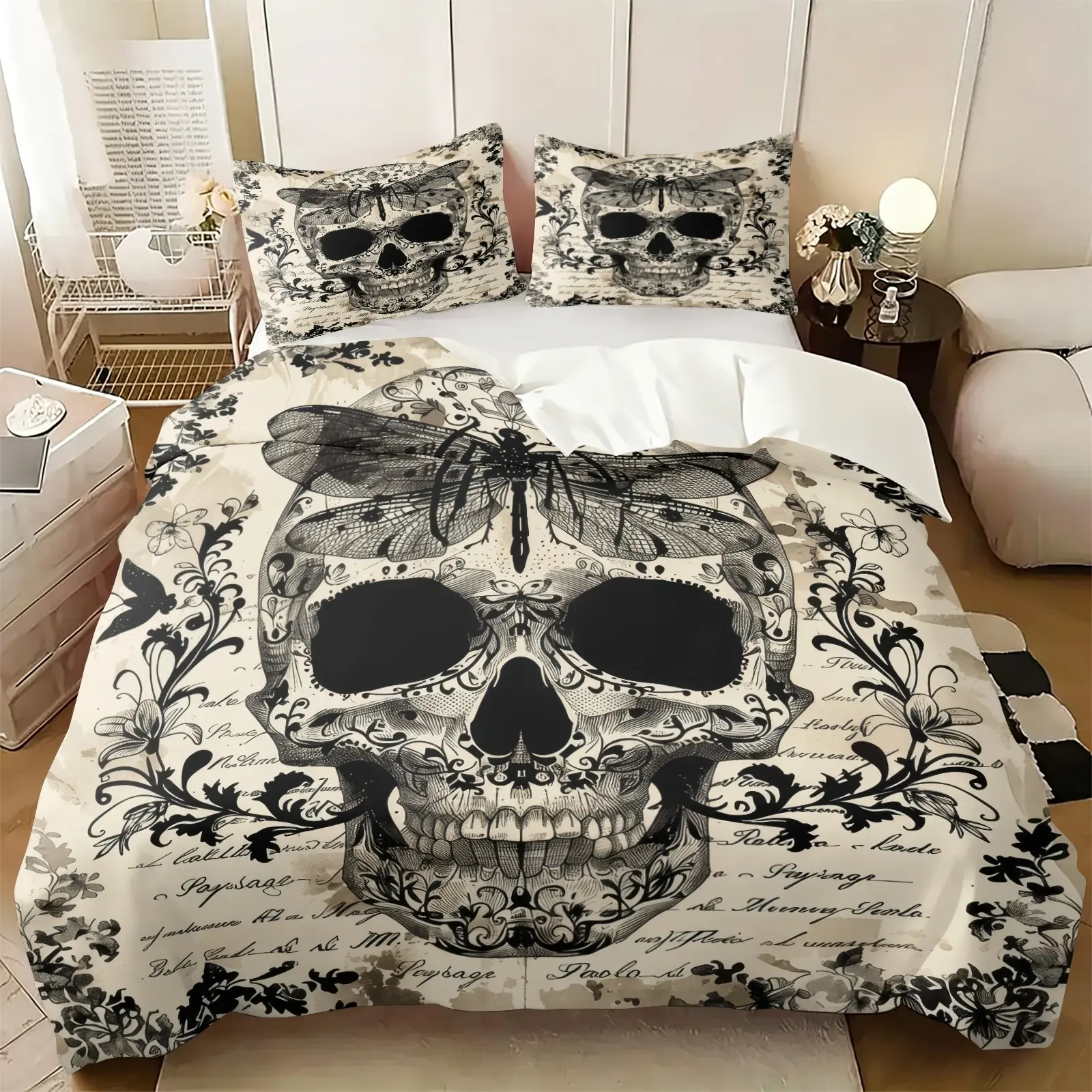 Vintage Dragonfly Skull Print Duvet Cover Set, Includes 1-2 Pillowcases, Gothic Bedding, Breathable Fabric, Victorian Dark Art Gift