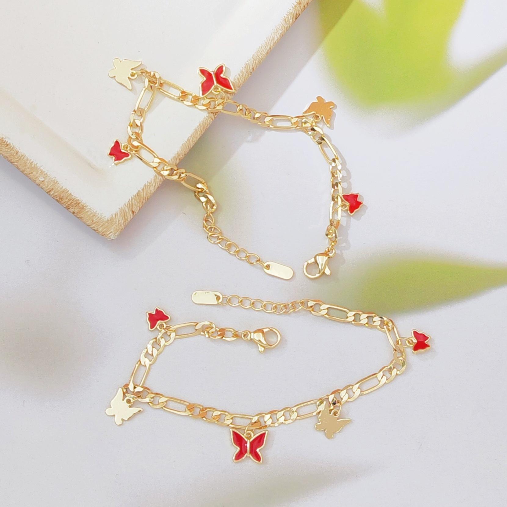 Korean Style Minimalist Luxury Bracelet For Women Red Enamel Butterfly Pendant Elegant Daily Wear Jewelry