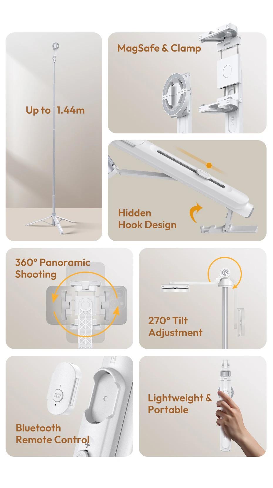 Ulanzi TT88 Overhead Selfie Stick 1.44M with MagSafe Clamp Photograph Tripod for Phone Livestreaming Vlog with Remote Control