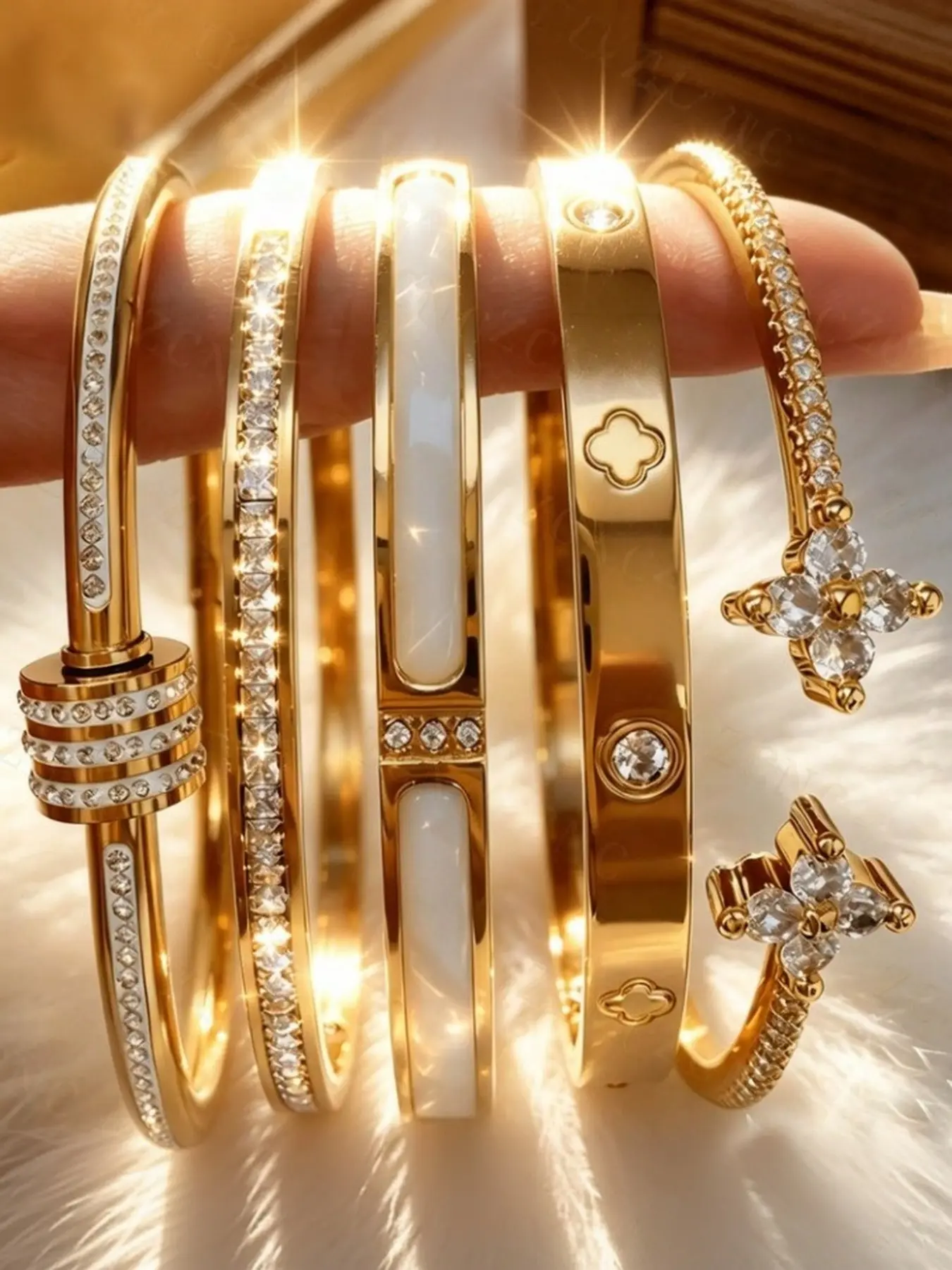 Five-piece women's set, Matching Bracelet Set, made of cubic zirconia and waterproof titanium steel, suitable for daily wear or use at parties, and also an ideal gift for women.