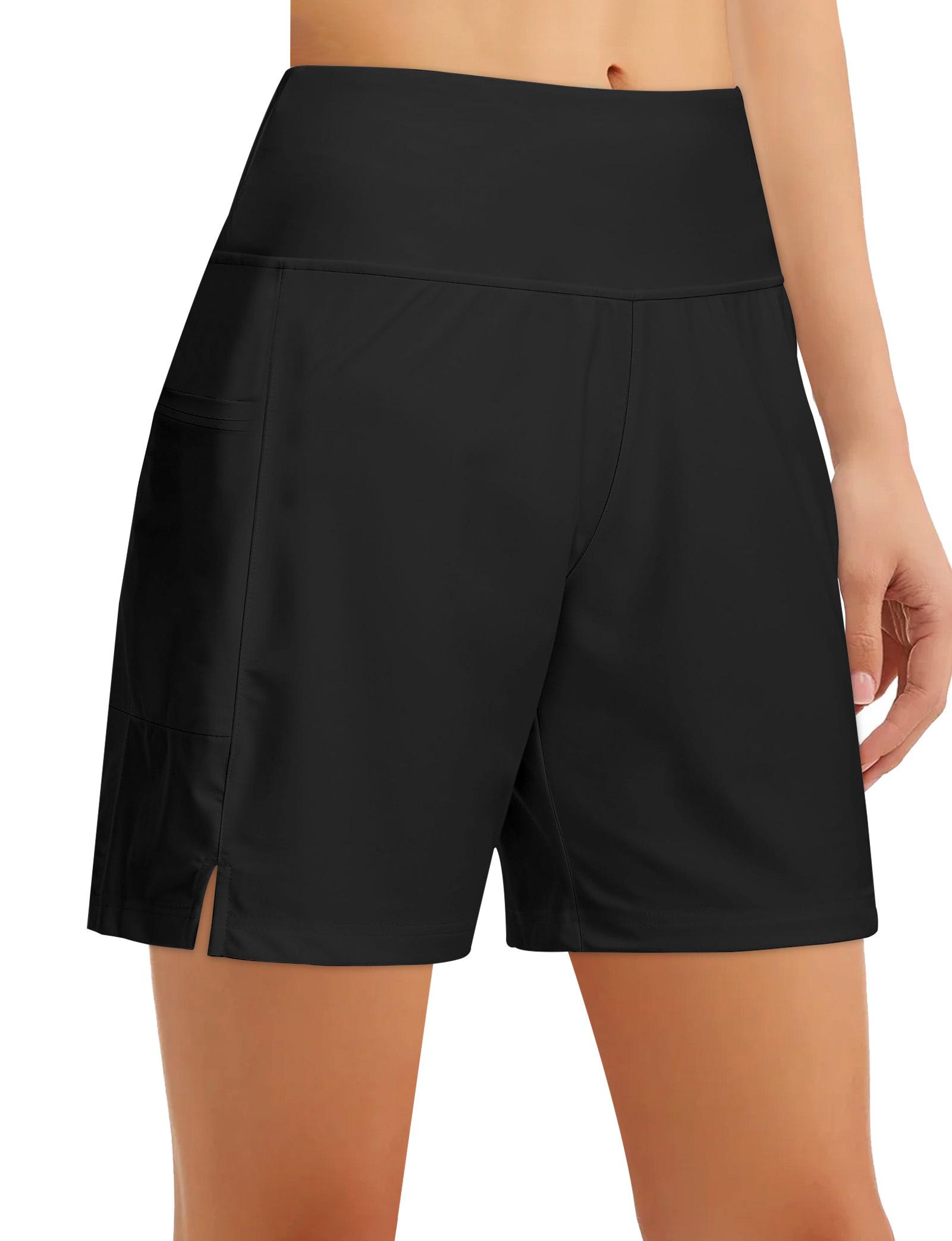 Women's 5 Inch High Waist Swim Board Shorts with Liner and Pockets - Quick Dry Beach & Swim Shorts