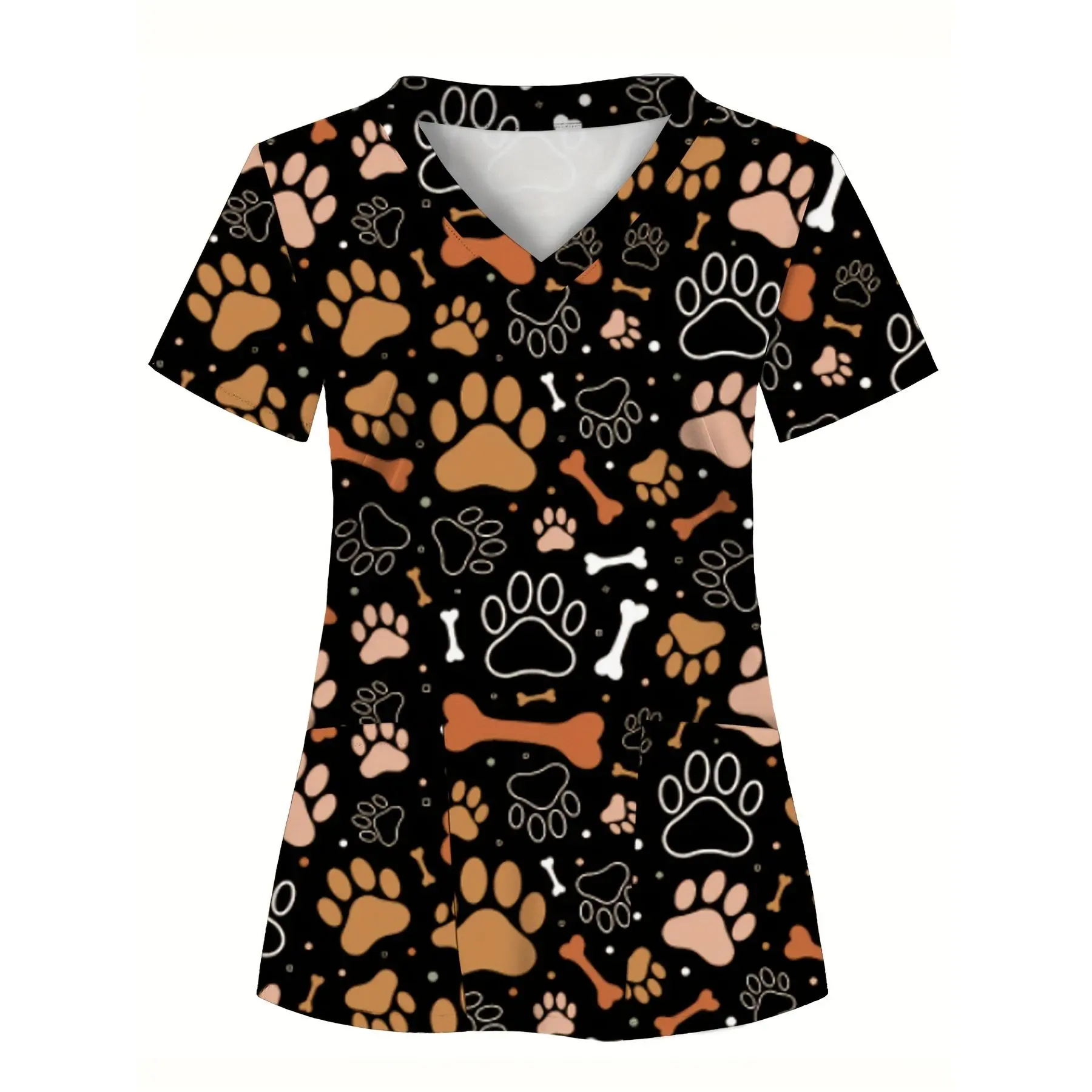 All-Over Print, Dog Paw And Bone Pattern, Women'S Scrub Top, 2-Pocket Design, Comfortable T-Shirt for Healthcare Professionals - Soft, Breathable, And Practical Uniform, Suitable for Hospitals, Dental Clinics, Beauty Salons, And Facilities