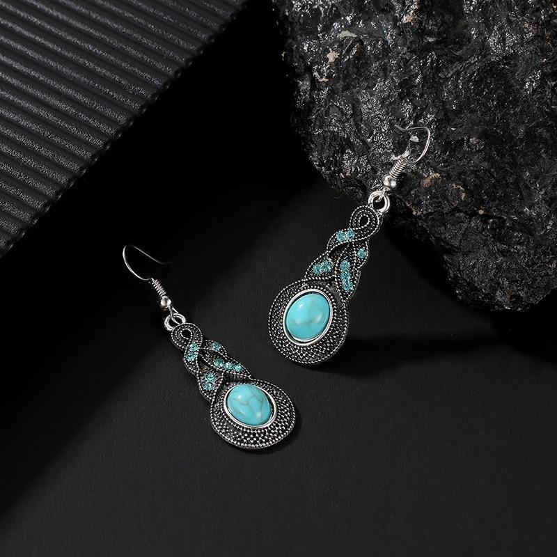 3pcs Necklace Earrings Set For Men And Women Vintage Style Blue Crystal Inlaid Turquoise Pendant With Lantern Chain Jewelry