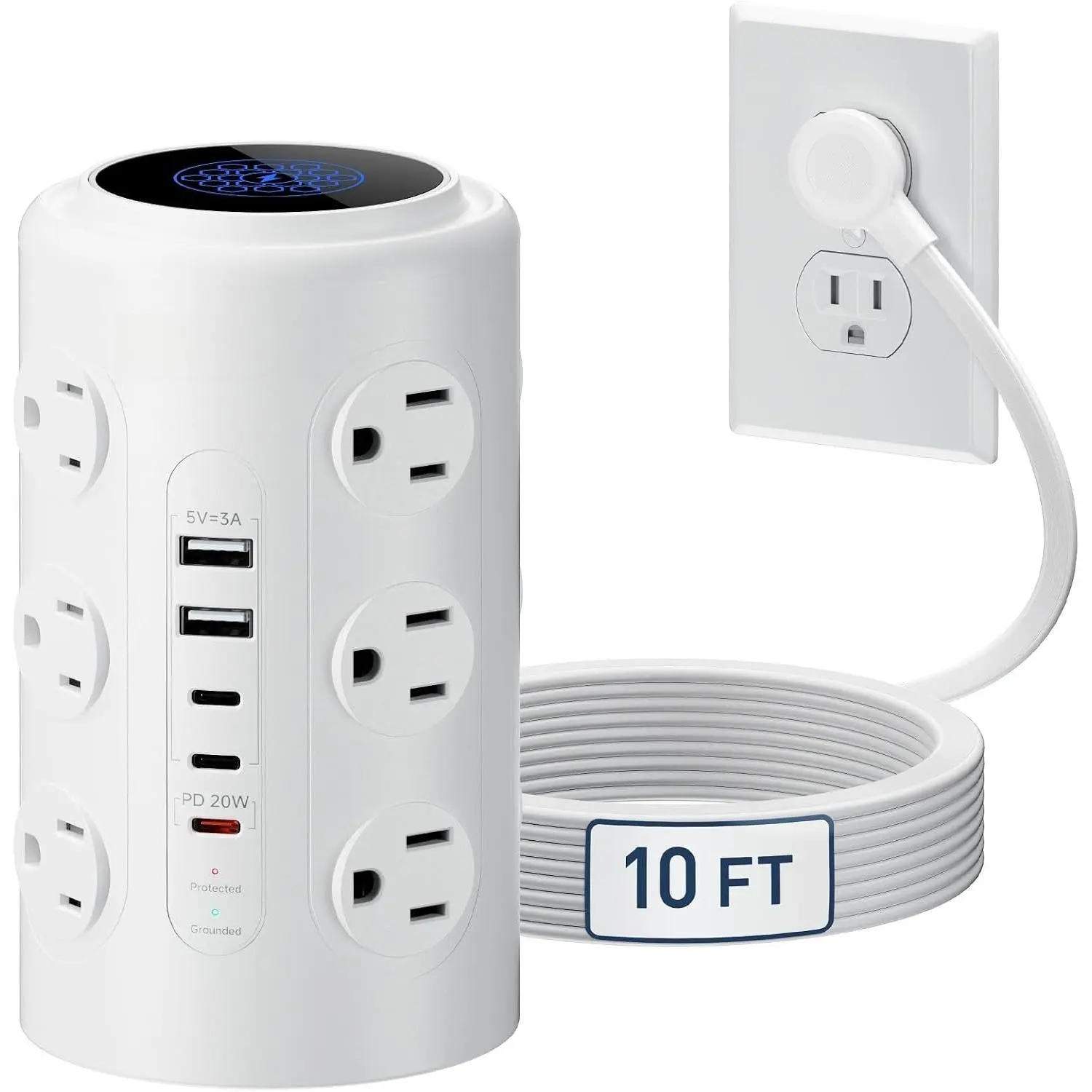 Tower Power Strip with 1 Dedicated PD 20W - Port, 12 Outlets, 5 USB Ports (3 USB-C), 1800J Protector, Desk  Station for Multiple Devices,10FT Extension Cord,  Office Essentials