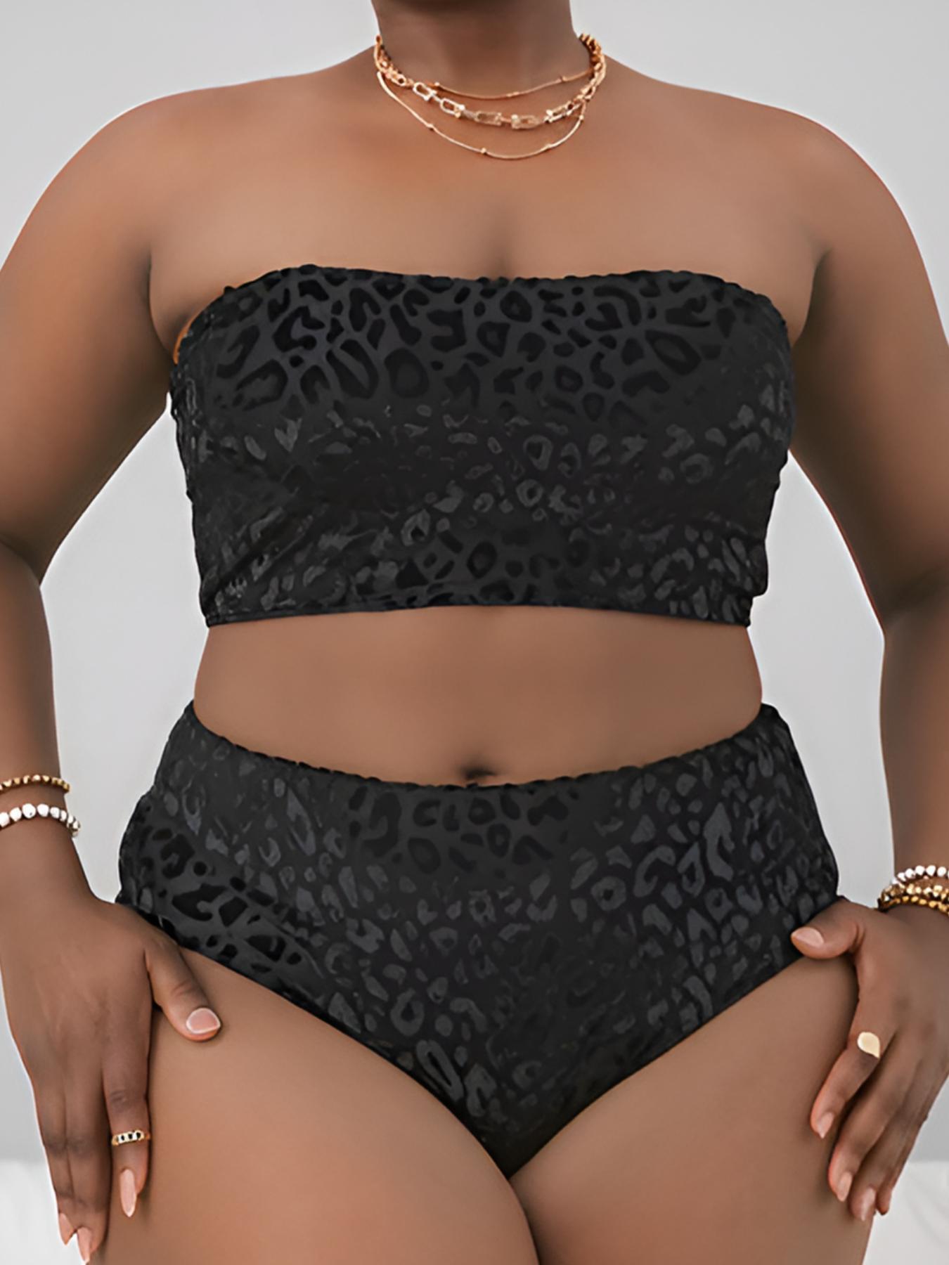 【Plus Size】Two-Piece Set Leopard Print Bikini Set, Casual Strapless Swim Top & High Waist Swim Bottom, Women's Two-piece Swimsuit for Summer Beach Holiday Vacation, High Waisted Swimsuit