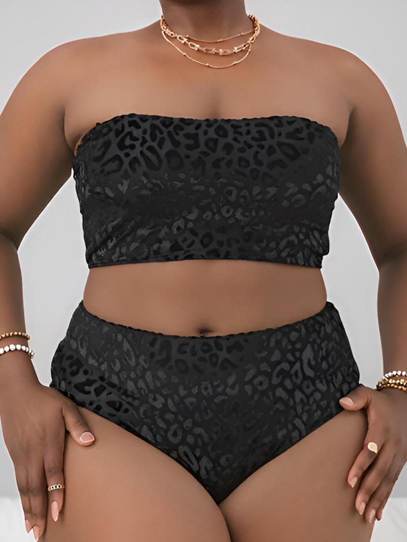 【Plus Size】Two-Piece Set Leopard Print Bikini Set, Casual Strapless Swim Top & High Waist Swim Bottom, Women's Two-piece Swimsuit for Summer Beach Holiday Vacation