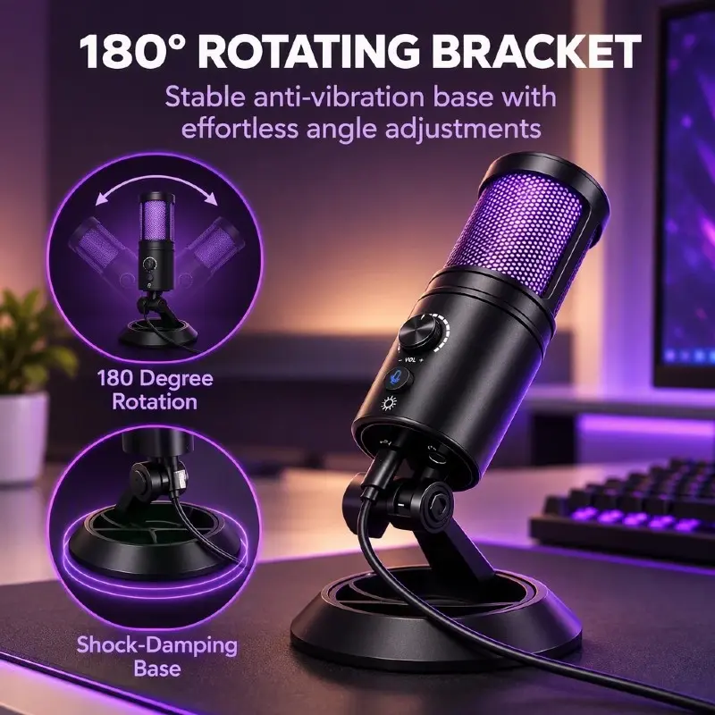 RGB Microphone USB Live Streaming Condenser Mic, Computer Gaming Recording with Lights, Wholesale Price, High-Quality Sound Quality