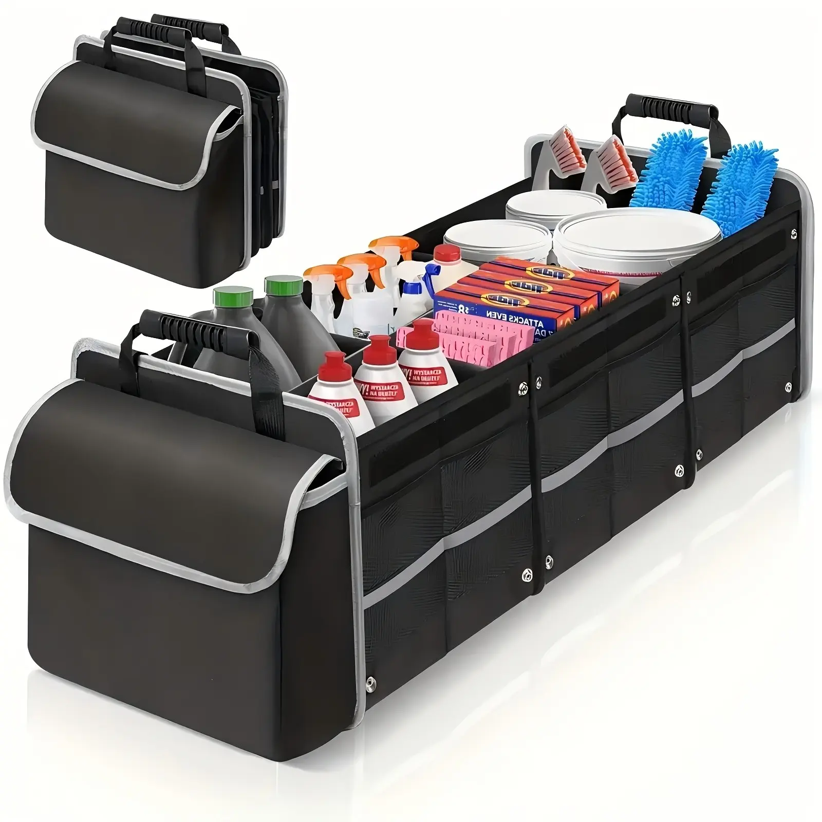 Car Trunk Storage Box, Foldable Organizer, Insulated Cooler Bag with Lid, 3 Compartments & Straps, Leak-Proof for Cars & Trucks