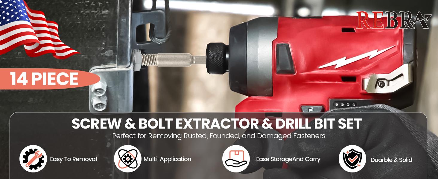 Optimized Screw Extractor and Left-Hand Drill Bit Kit, Broken Bolt Remover Reverse Cobalt HSS Steel Drill Set, Stripped Rounded-Off Damaged Bolts Removal Tool, 14-Piece Easy Out Kit for Screws & Studs, Durable Reusable Extraction Solution hand tool