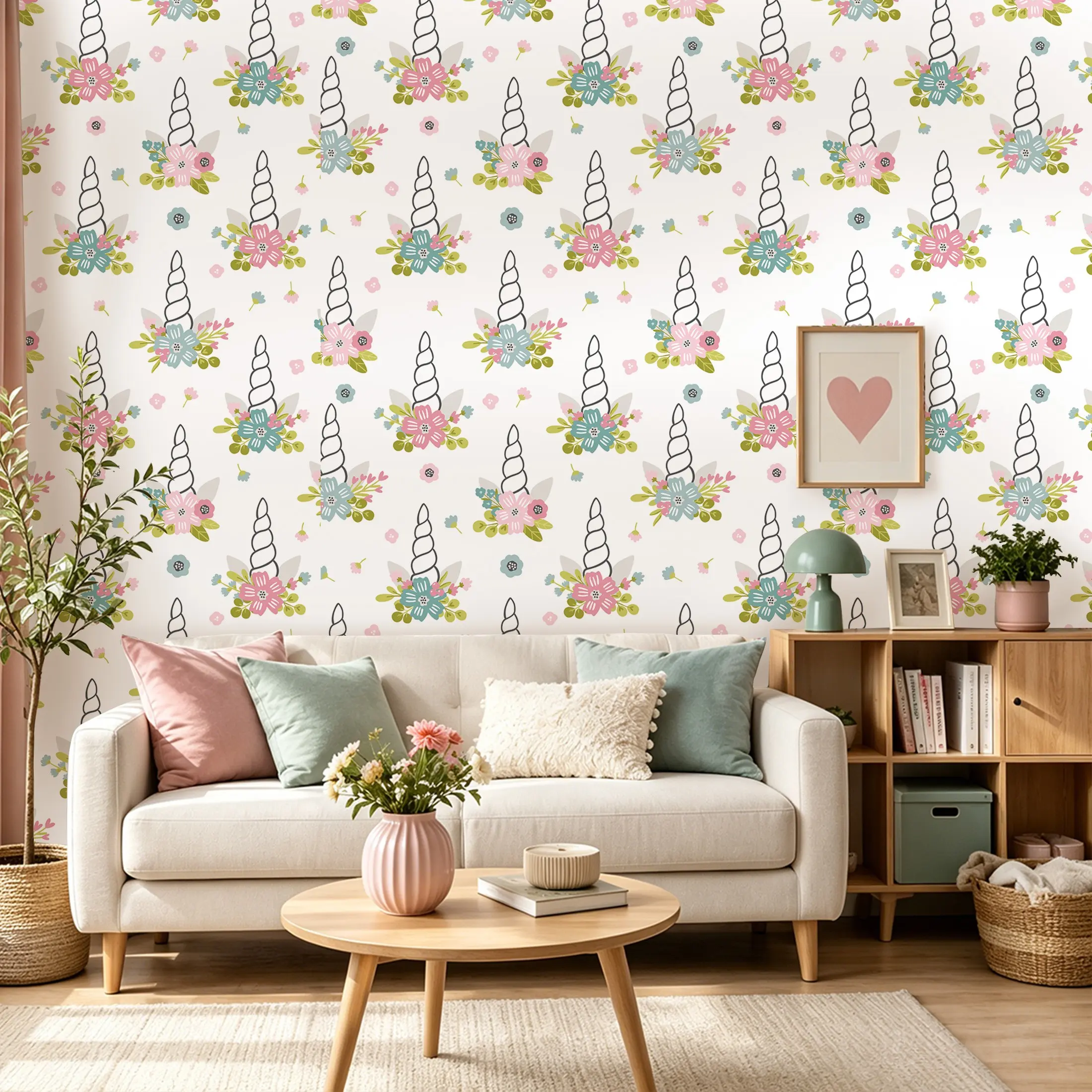 1 Roll 44.5cm/17.5in Pink Blue Floral Unicorn Horn Wall Decals, Decorative Sticker, Self-Adhesive Girls Wallpaper, Thick Waterproof Furniture Contact Paper, Grid Back Easy Cut Wall Decor, for Girl Nursery Kids Bedroom Bathroom Cabinet DIY Home Makeover