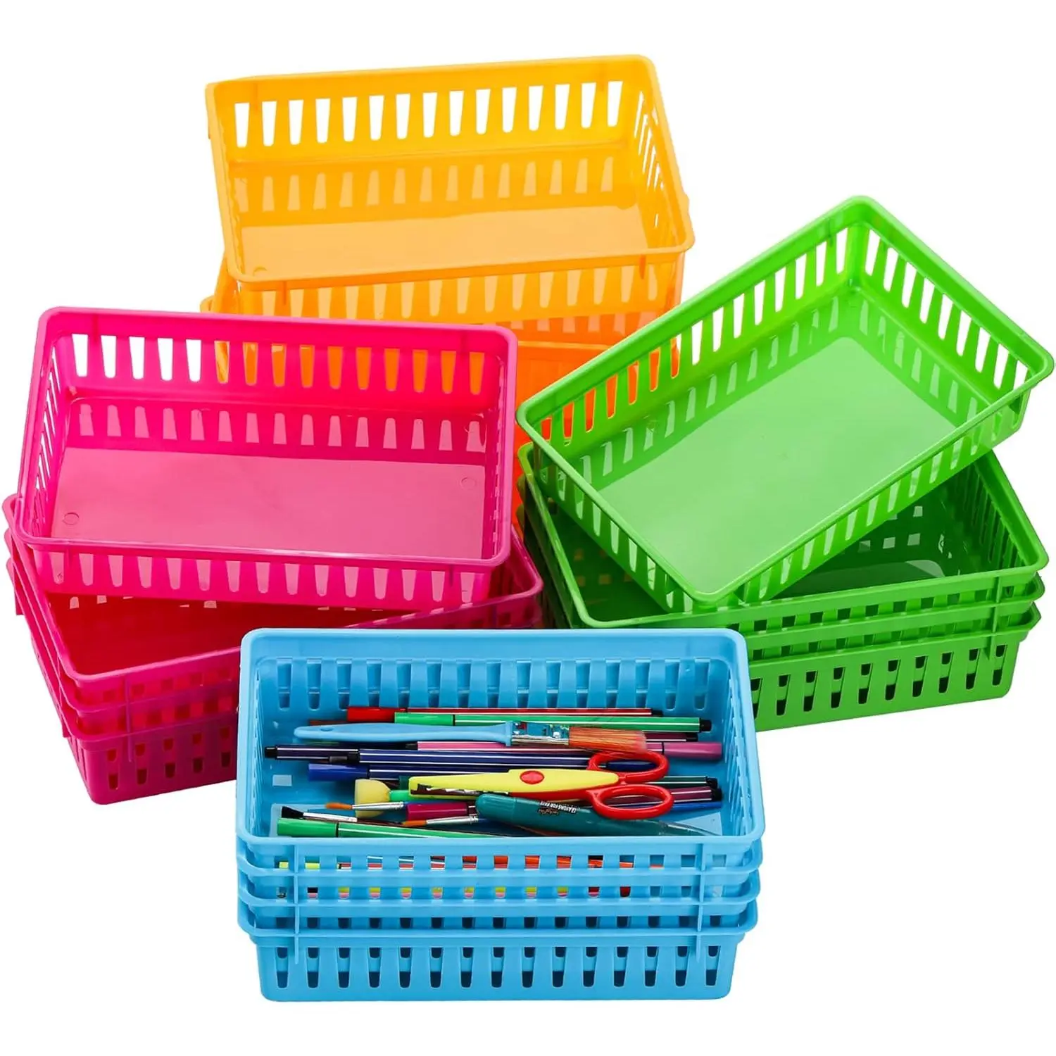 16 Pack Classroom Storage Baskets Bins, Small Plastic Organizer Basket, Colorful Storage Trays, Crayon Pencil Containers for Paper, Desk, Shelf, Home School Office, 10.2" L x 6.5" W x 2.4" H