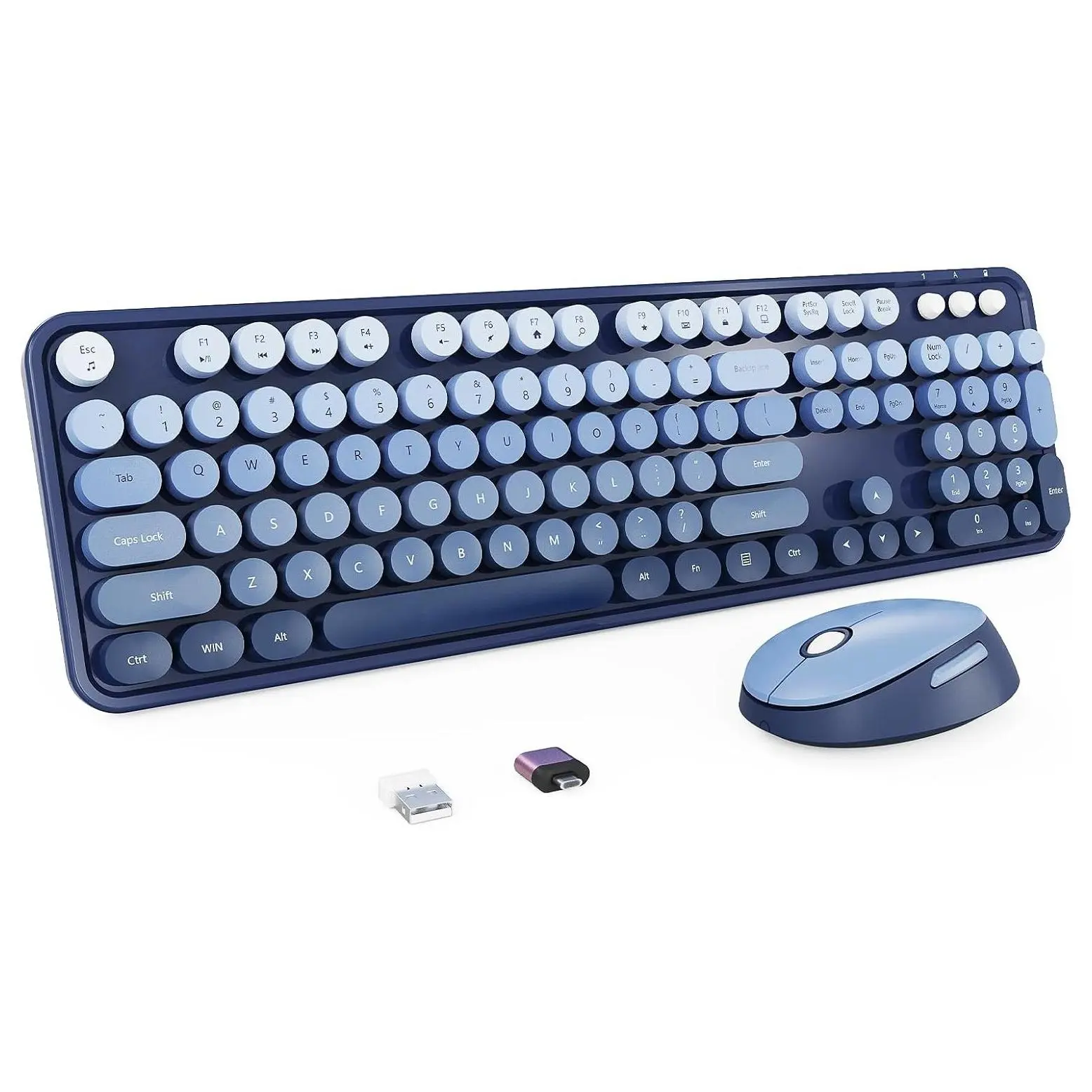 Retro Typewriter Wireless Keyboard and Mouse Combo - Full-Size Ergonomic with Round Keycaps, Blue, Ideal for Windows PC, Home, Office & CollegeGift