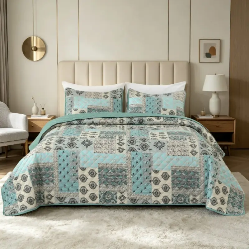 Vintage Boho Patchwork Quilt Set, Blue Geometric Print Bedspread, Soft All-Season Coverlet with Pillowcase, Reversible Twin Size, Print Bedding Set
