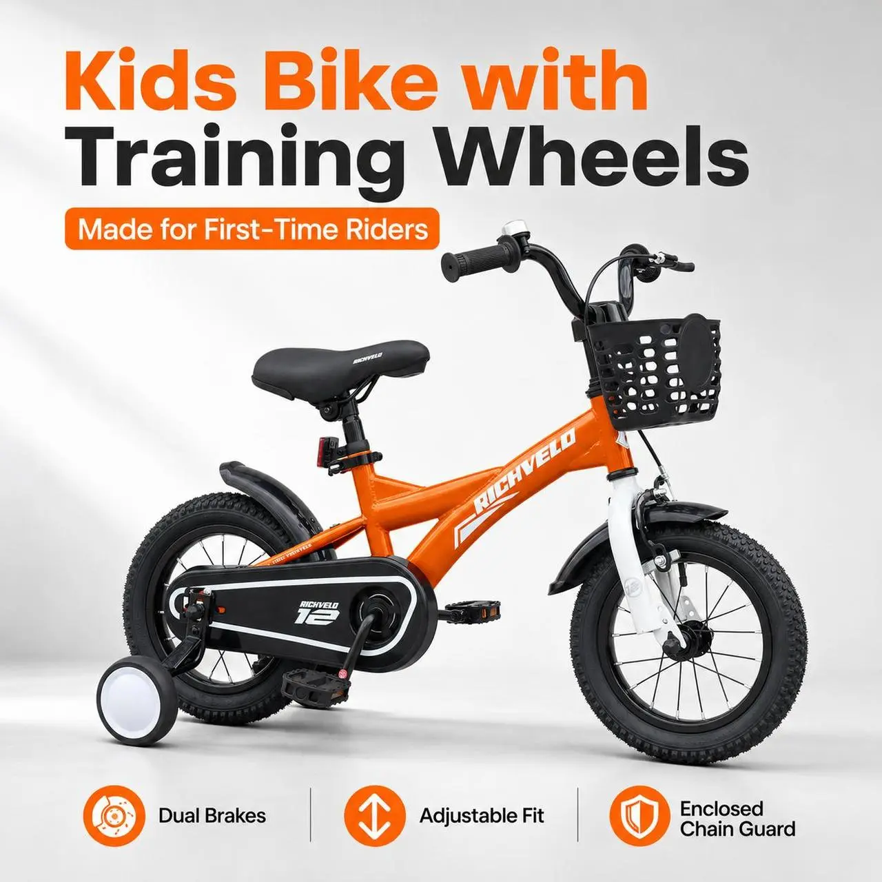 RICHVELO Kids' Bicycle 12/14/16 Inches, Suitable for Boys Aged 3-7, Durable Steel Frame, Beginner's Balance Bike with Training Wheels, Non-Slip Tires, Pedal Brake, Adjustable Seat and Handlebars, Cargo Basket, Chain Guard, Ideal for Outdoor Riding