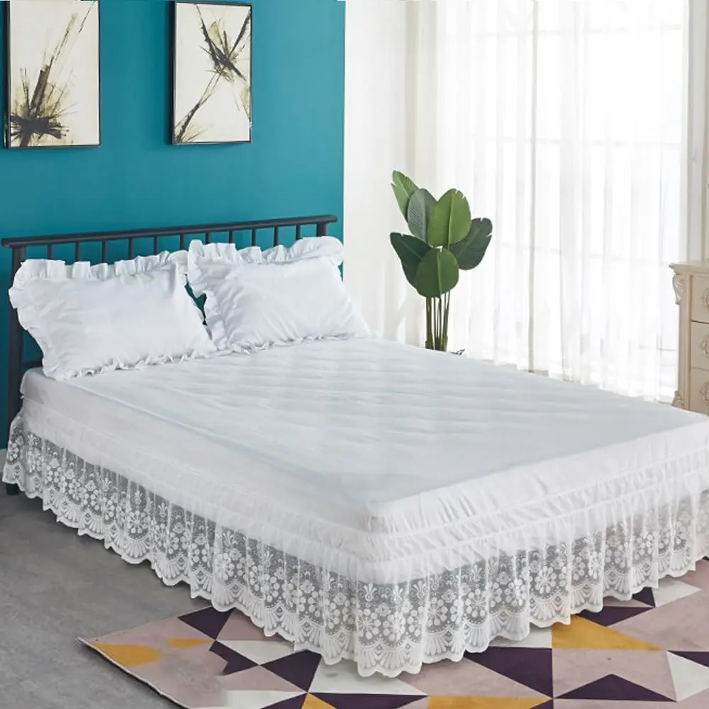 White Lace Bed Skirt for Queen Bed - 15in. Drop, Easy Fit Ruffle Bedskirt Wrap Around Bed Skirt, Anti Wrinkle & Fade Resistant
