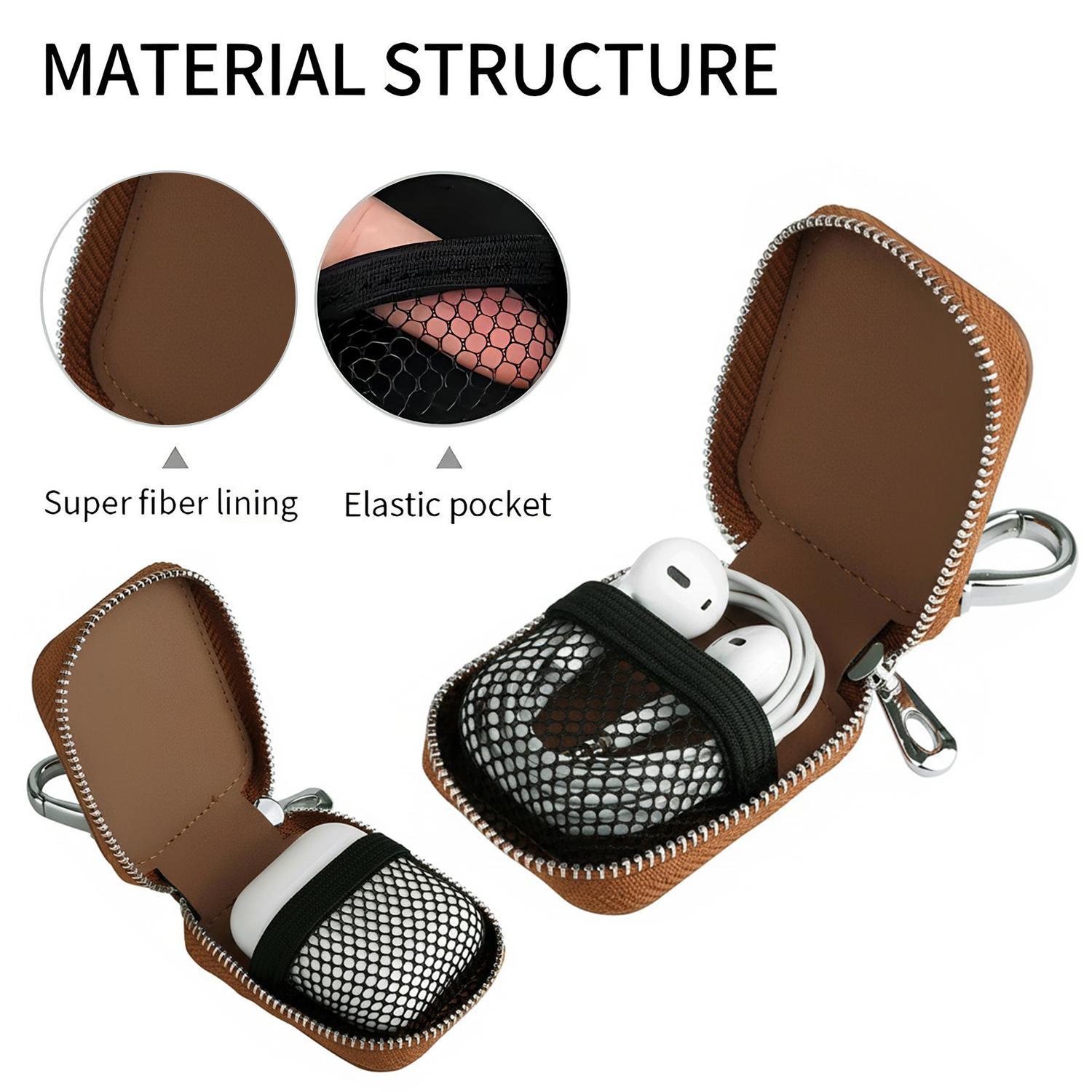 Universal Vintage Earbud Case Portable Storage For All Earphones AirPods Pro 4/3/2/1 PU Leather Zipper, Dustproof & Anti-scratch Travel Wireless Earbuds Bag, PU Leather Hard Portable Earphone Case Protective Storage Pouch Bag with Mesh Pocket & Keychain