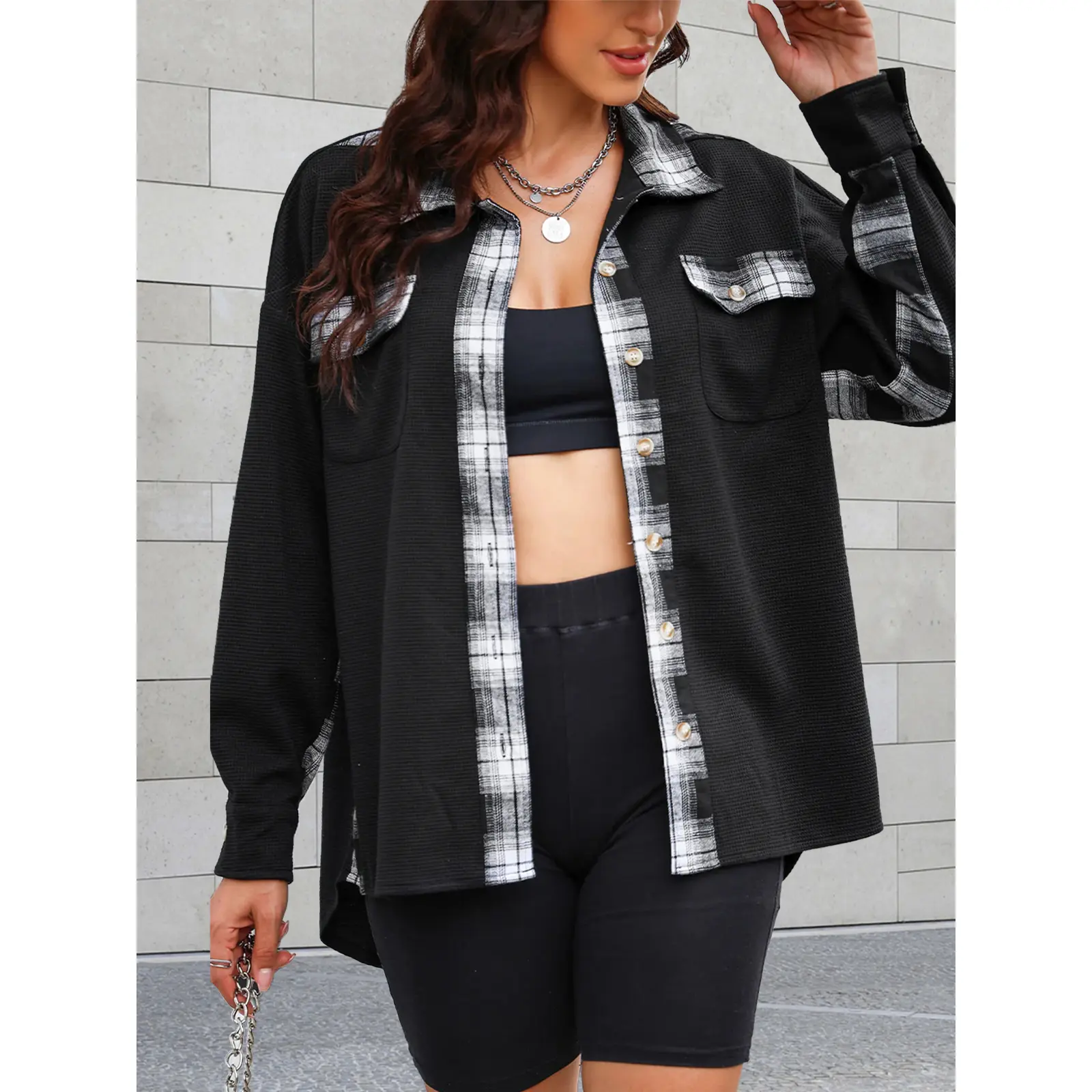 Women Waffle Knit Plaid Patchwork Shacket, Lapel Button Down Long Sleeve Oversized Shirt Jacket with Chest Pockets