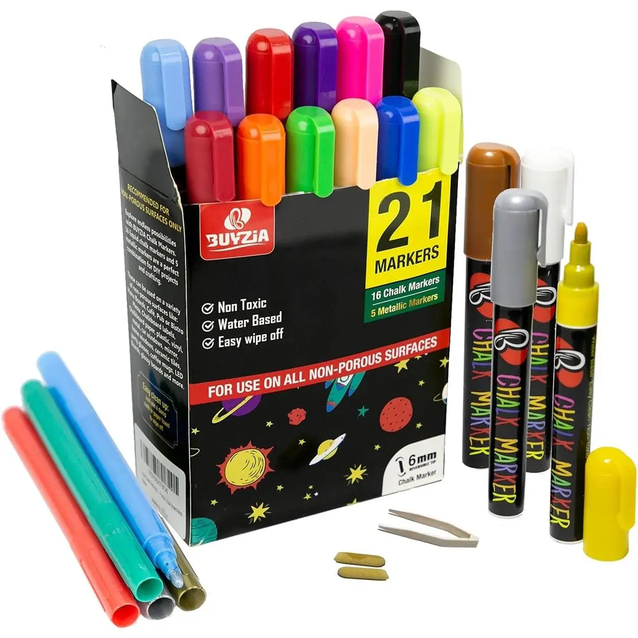 Liquid Chalk Pens 6mm 21 Pack (16 Neon Colors + 5 metallic Markers) for Non Porous Surfaces, Chalk Pens with Reversible Tip for Blackboards, Chalkboards, Glass, and Windows
