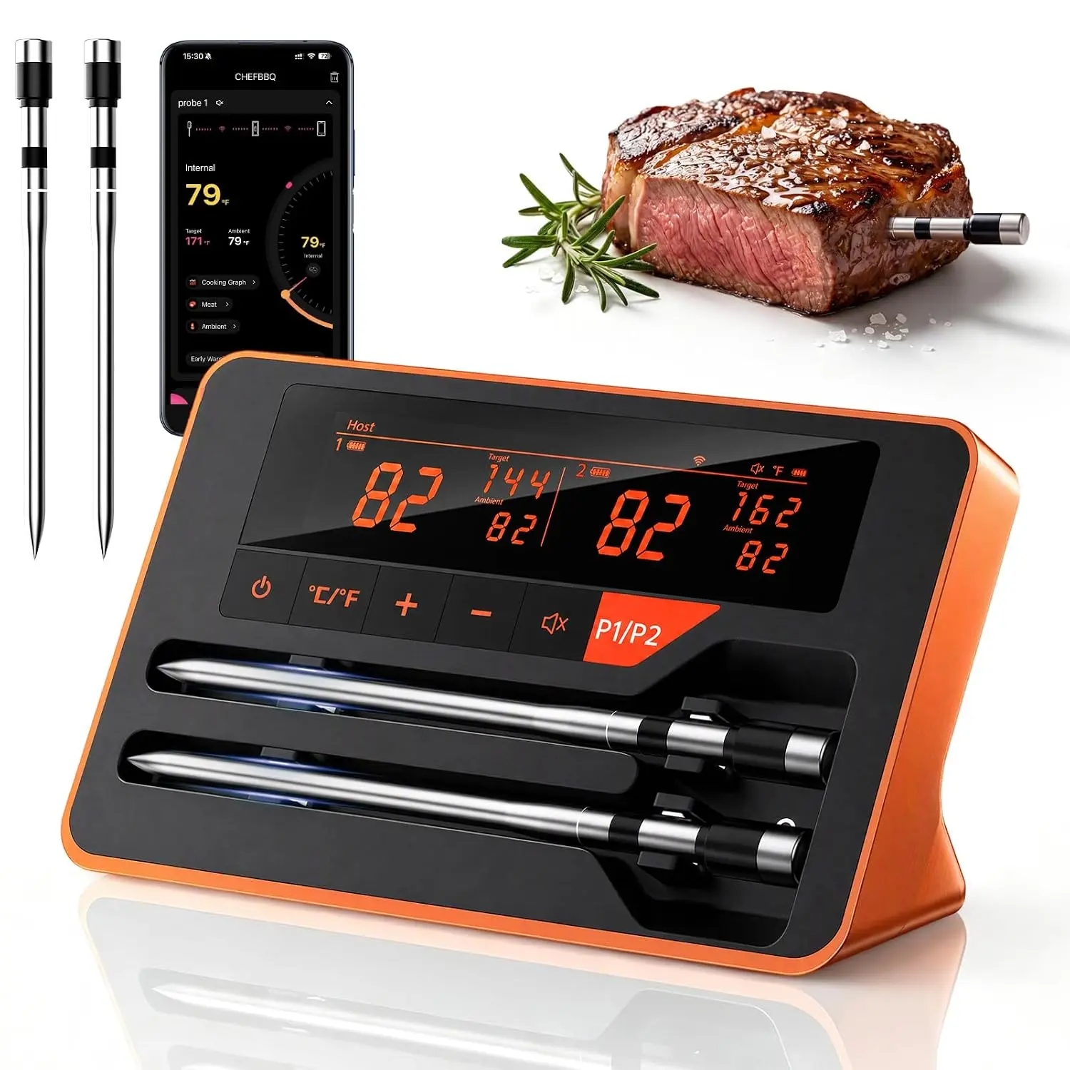 Meat Thermometer Digital for BBQ Oven  Grill | 800FT   Thermometer, Standalone Base, 2 Meat Probes,  Sensors, NIST Certified Accuracy