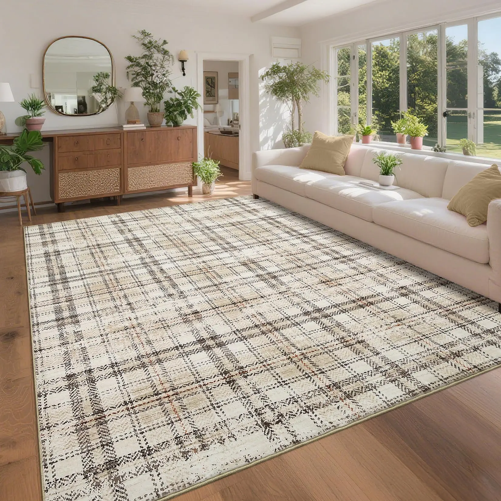 3x5 Washable Accent Rug, Irregular Grid Pearl Velvet Carpet with TPR Non Slip Backing for Entryway Bedside Bathroom, Beige