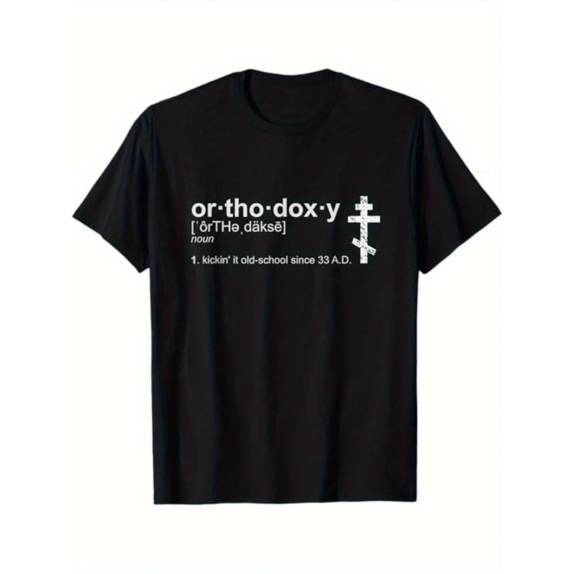 Men's Plus Size Orthodox Church T-Shirt - Byzantine Greek Russian Icon Print, Greek Church Slavonic Text Cross, Comfortable Short Sleeve Crew Neck, Athletic, All Seasons, Ideal for Clergy, Casual Wear, Valentine's Day, Children's Day