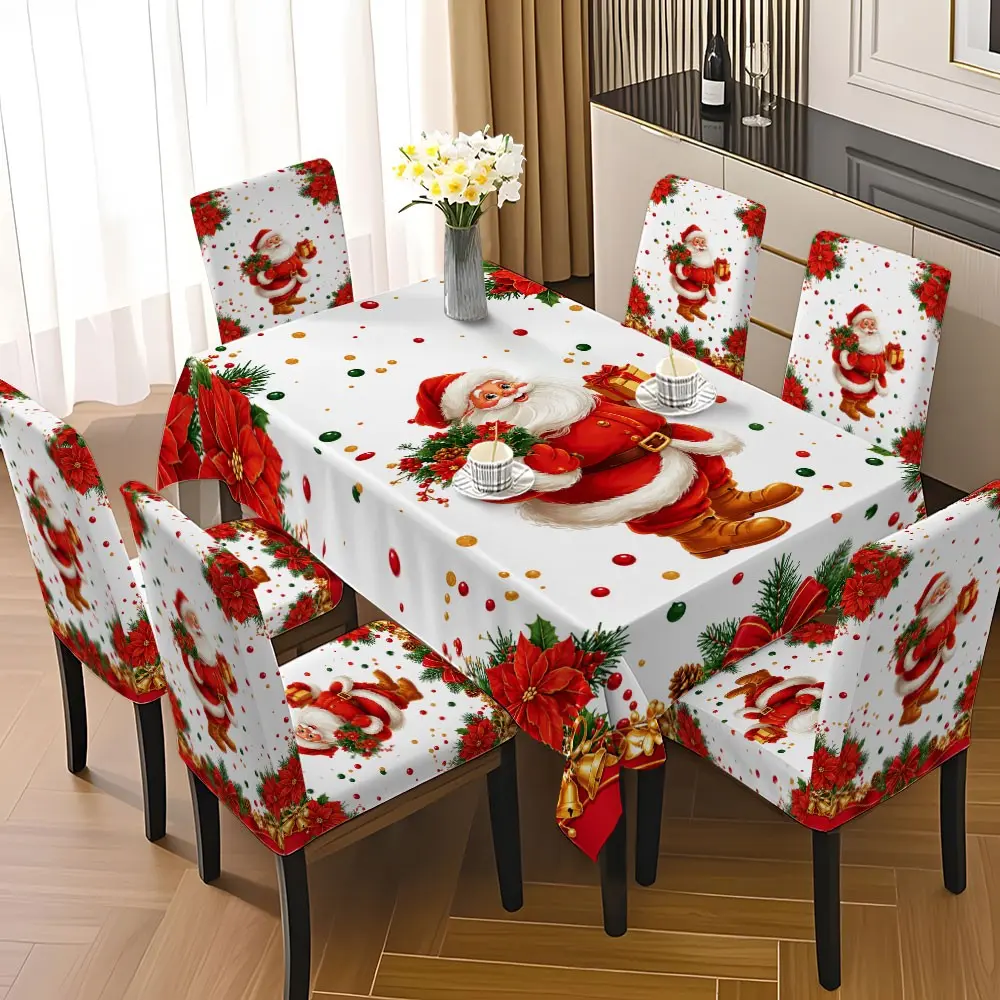 5/7 Piece Christmas Tablecloth and Chair Cover Set, Santa Claus & Poinsettia Print Table Cover with Universal Stretch Full Chair Covers, Washable Holiday Dining Table Decor for Home, Restaurant, Christmas Party, Holiday Gathering and Banquet