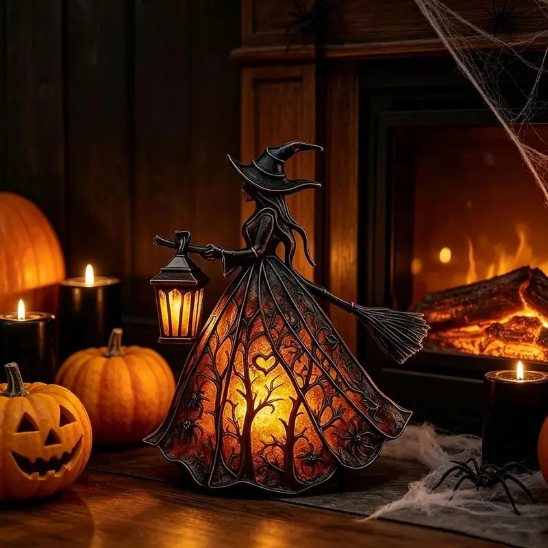 Halloween Witch Lantern - Gothic-style eerie witch decoration lamp, a terrifying decorative standing night light with a lantern, USB interface, suitable for home, porch, tabletop and bedside cabinet decoration