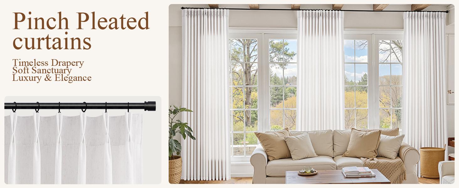 Pinch Pleated Linen Curtains 84 inches Long 2 Panels for Living Room Neutral Chenille Velvet Texture Curtain Pinch Pleat Hooks Rings Soft Luxury Drapes for Dining Bedroom Office Natural