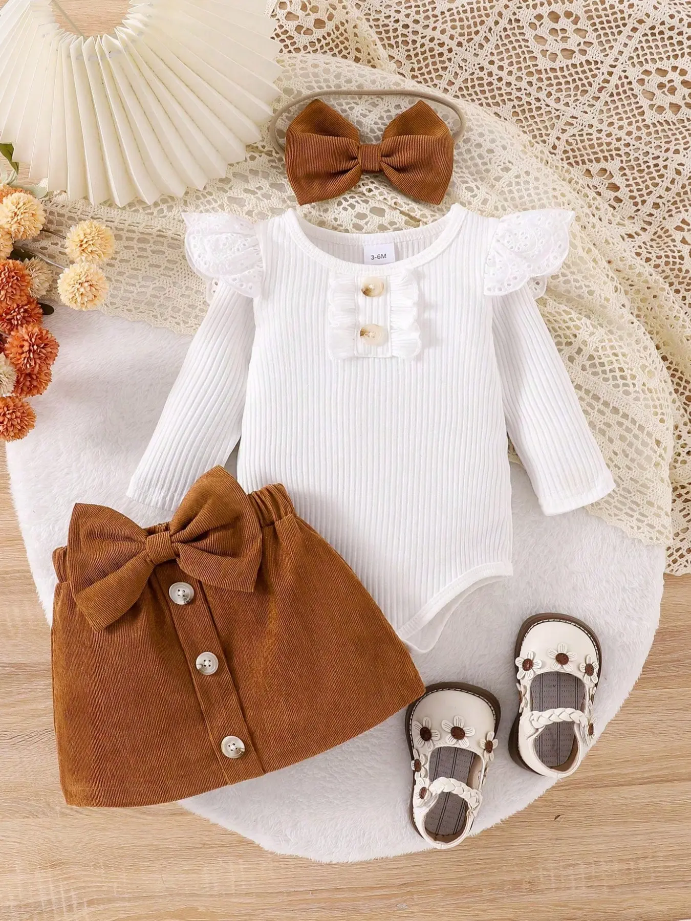 Baby Girl Infant Solid Color Long Sleeve Button Dress and Bow Skirt Set with Hairband, Spring & Fall, Cute Baby Clothing