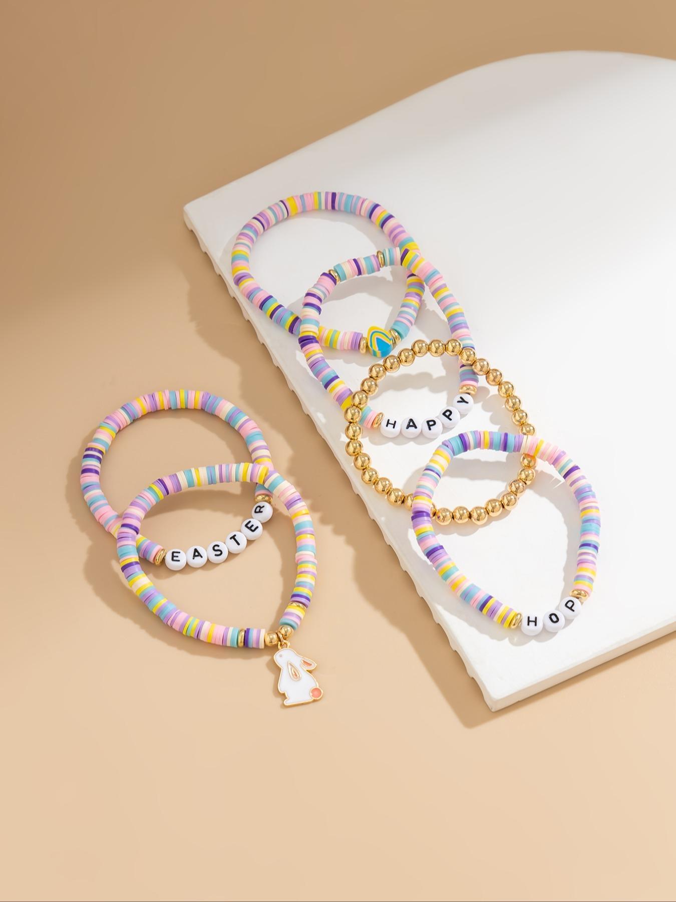 Fashion Easter Bunny Egg Pendant Bracelet Set, Colorful Soft Clay Letter Beads, Casual Daily Wear Jewelry Gift for All Seasons