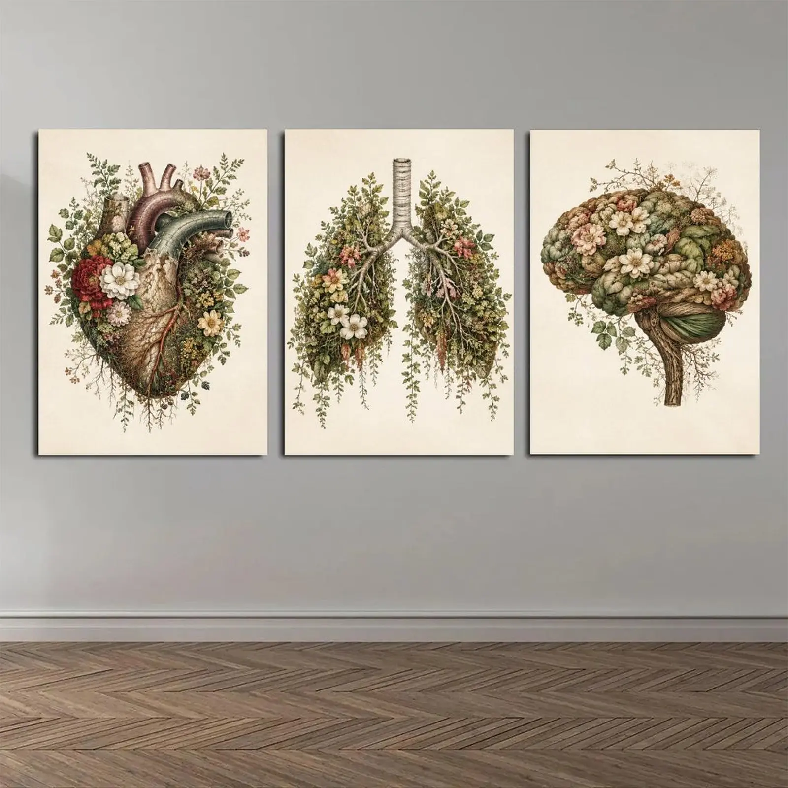 3pcs Vintage Floral Organ Anatomy Wall Art Posters - Heart, Lung, Brain Botanical Prints - Rustic Home Decor for Medical Clinic - Unframed or Framed Wrap Option