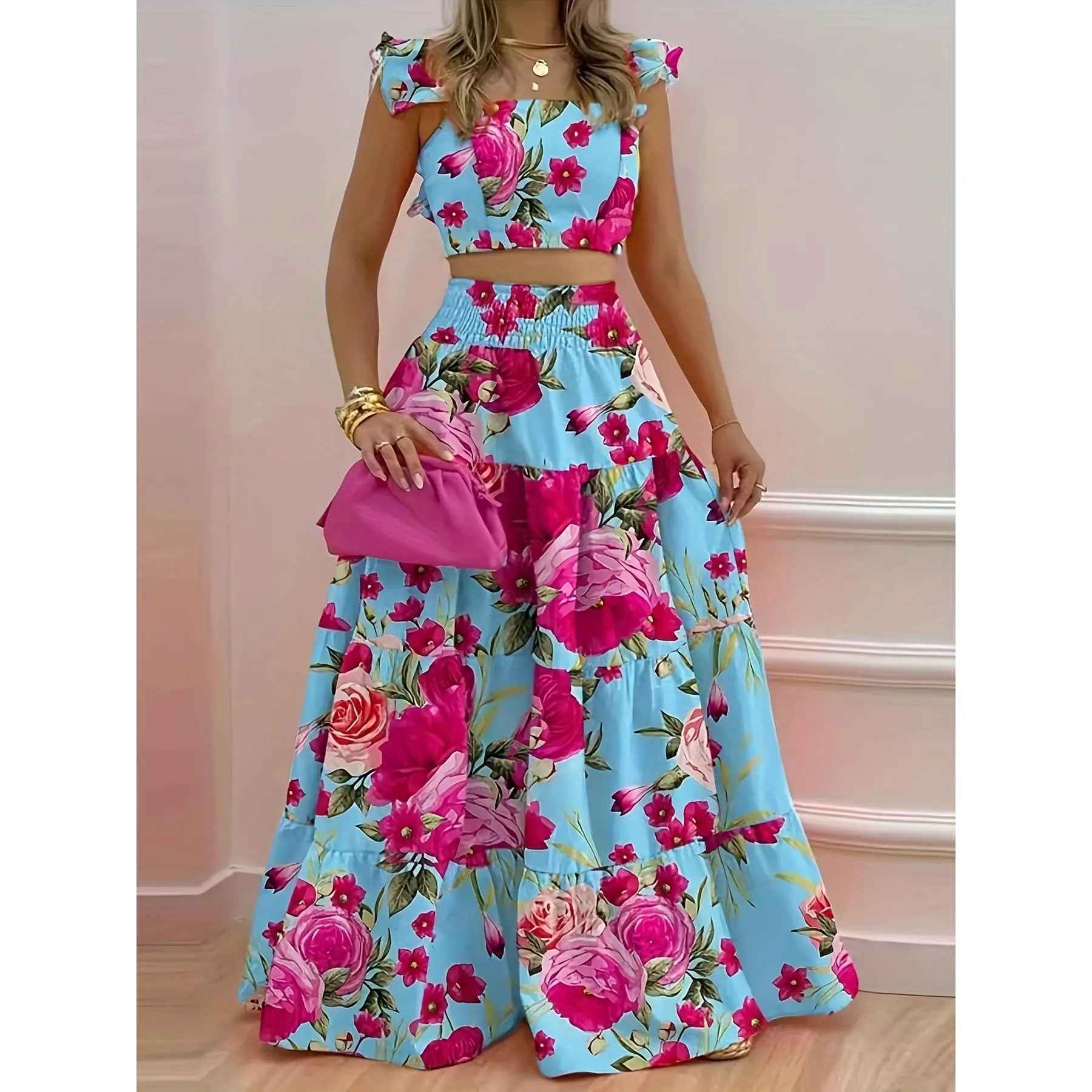 Women's Elegant Floral 2-Piece Skirt Set: Ruffle Bustier Top and Long Flared Skirt with Strappy Waist, Regular Fit Polyester, Machine Washable, Regular Size, Ruffle Detail, Sleeveless