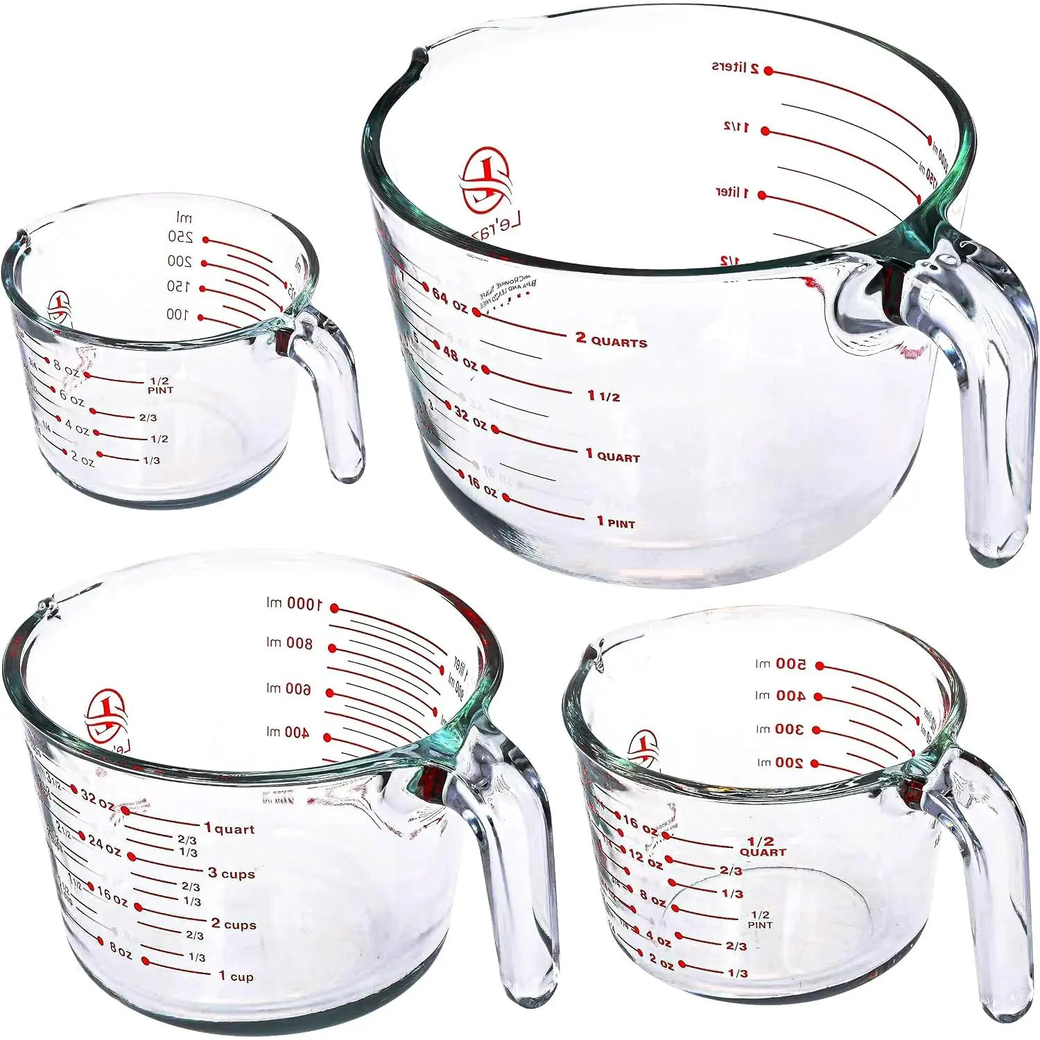 Le’raze Glass Measuring Cups Set of 4 – Heat-Resistant, Easy-Read Measurements,  Handle & Pour Spout, Dishwasher Safe, Kitchen Bakeware Liquid Batter Mixing Bowls (1 cup, 2 cup, 4 cup, 8 Cup)
