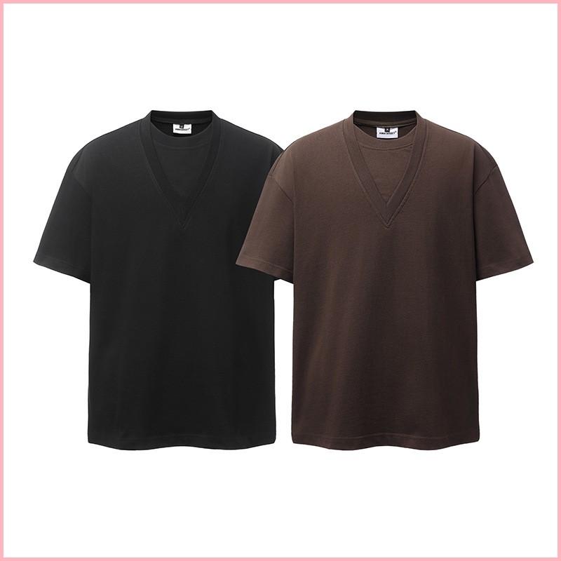 Fake Two-piece V-neck Short-sleeved T-shirt For Men, Loose Casual Design, Pure Cotton Half-sleeve