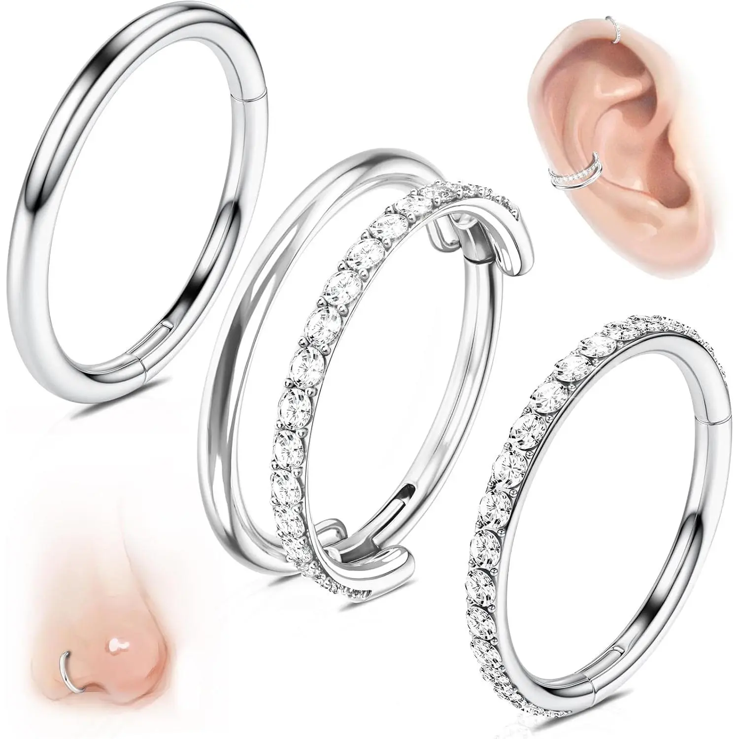 3 count Titanium Cartilage Earring Nose Ring, Conch   Helix Earring Tragus Hoop for Women Rook Ear Stacks