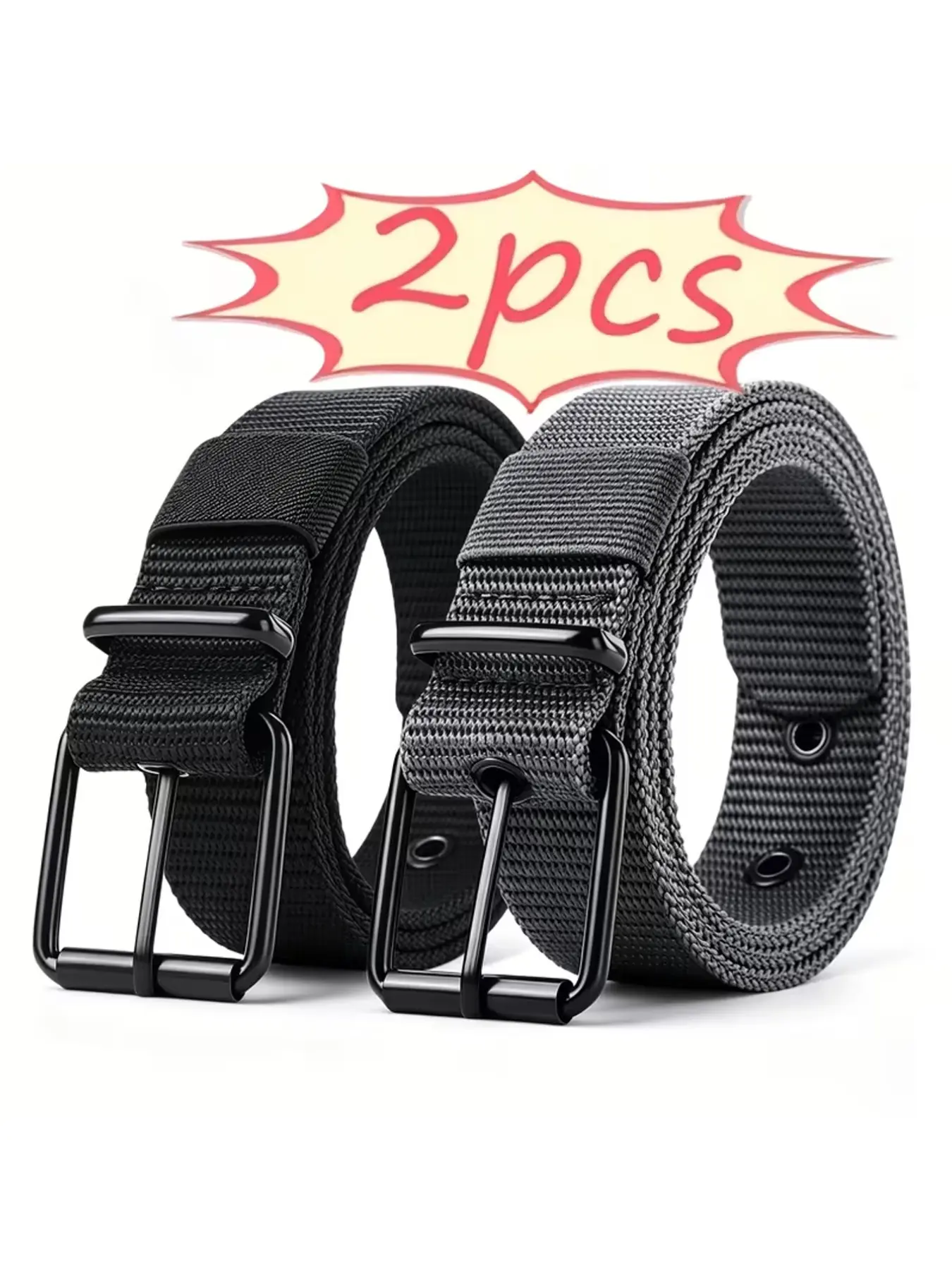 2pcs Men's Nylon Work Belts, Casual Style Everyday Belts, Matte Metal Pin Buckle, Adjustable Multi-Hole, Breathable Tear-Resistant, Durable, Lightweight, Versatile