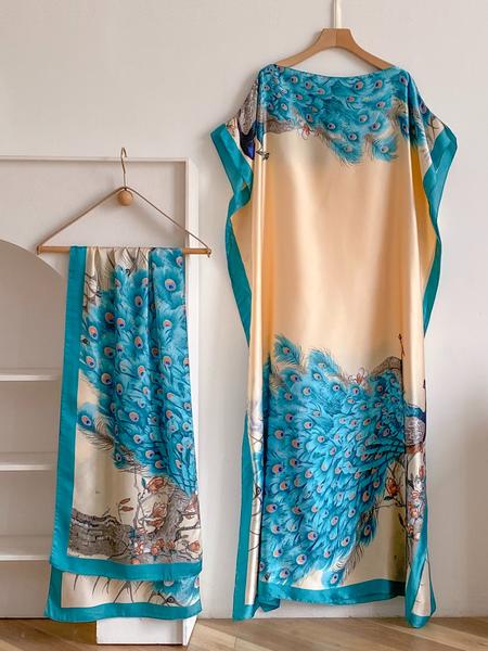 Women's Fashion Print Long Robe Set, Moomoo Dress + Scarf Headband, Casual Woven Fabric, Thin All-Season Wear, Beach Sun Protection