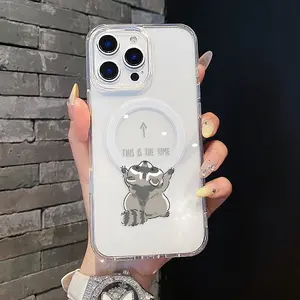 Magnetic Soft Case for iPhone11/12/13/14/15/16/17/promax, Cozy Raccoon Positive Text Doodle MagSafe Compatible,Aesthetic Pattern Design Lightweight,AntiScratch,and Trendy
