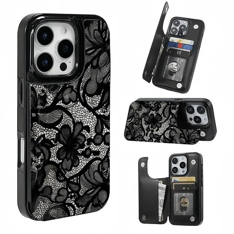 Black Lace Floral TPU Protective Casing Phone Cover with Card Slots for iPhone 11-17 Pro/Pro Max, Air Series Cellphone Devices, Stores Bank/Transit Items, Ideal Girls' Gift