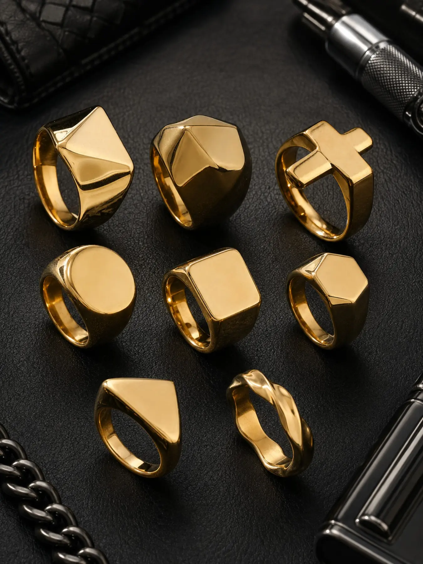 8PCS Gold Geometric Statement Ring Set Vintage Punk Chunky Signet Rings with Cross Round Square Triangle Hexagon & Sculptural Designs Unisex Fashion Jewelry for Men Women Daily Wear Streetwear Party Gift