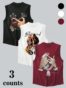 Men's Casual Cross Jewelry Graphic Palm Print Sleeveless T-Shirt, Soft Fabric, Loose Round Neck, Unisex Street Style Summer Top, Three Colors Available