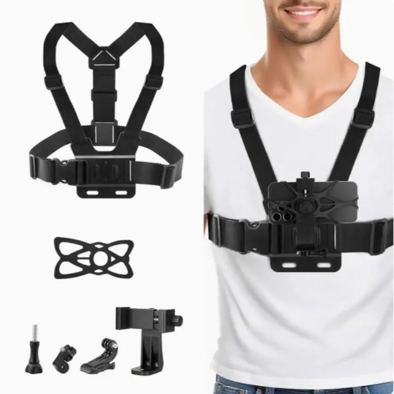 Chest & Head Strap Mount for Phone/Action Cameras, First-Person POV Camera Holder with 135° Adjustable Angle, Compatible with GoPro & Smartphones, Hands-Free for Vlogging, Hiking, Cycling, Outdoor Activities, Camera Accessory, Vlog Accessories
