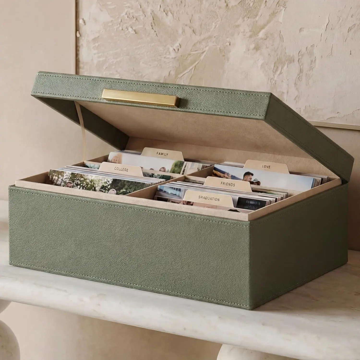 Decorative Photo Storage Box - Sturdy PU Leather Photo Organizer with Dividers is Perfect to Store Up to 1200 Pictures and 4x6 Photos - Portable Scrapbook Storage Containers with Lid